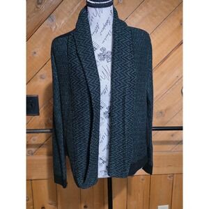 Women Dark Green Black Chevron Open Front Shawl Collar Knit Cardigan Sweater